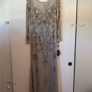 Adrianna Papell Taupe Beaded Long Sleeve Evening Gown